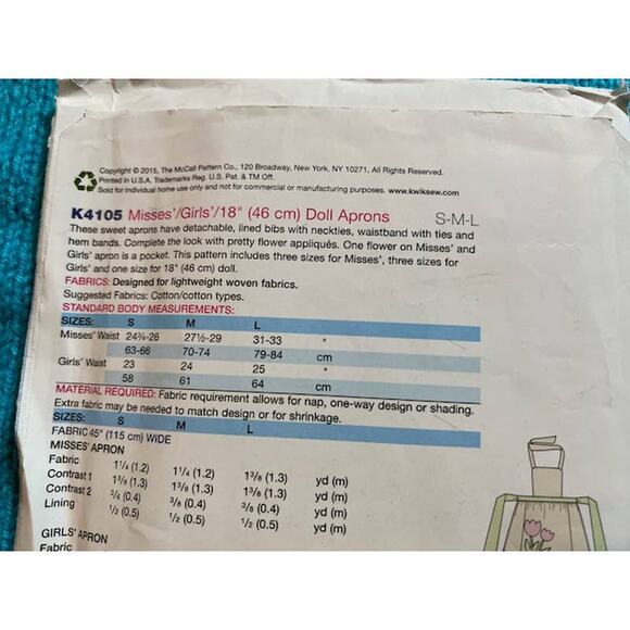 Kwik sew 4105 womens girls 18" doll apron pattern - Picture 4 of 5